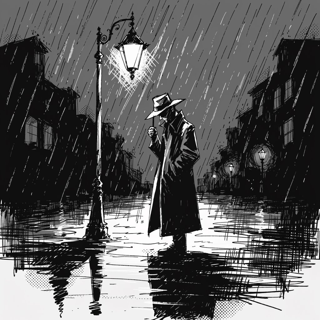 Comic panel of a detective in a trench coat under a streetlamp in the rain, bold ink, halftone shading, no speech bubbles. — Recraft v4