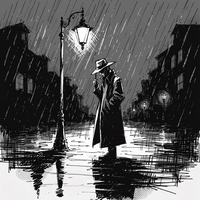 Comic panel of a detective in a trench coat under a streetlamp in the rain, bold ink, halftone shading, no speech bubbles. — Recraft v4