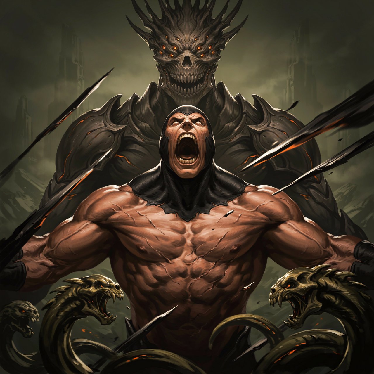 A colossal muscular berserker erupts in a primal roar, framed from the waist upward at a dramatic low angle. His head tilts back, glowing ivory eyes fixed upward, mouth stretched impossibly wide with clearly defined teeth and a cavernous dark interior. A close-fitting black hood frames his angular face, while his bare bronze-red torso displays monumental musculature, fine scars, and jagged surface fissures. Both upper arms thrust outward, elbows and hands beyond the frame, creating a broad, forceful silhouette. Behind him looms a towering obsidian demon with a crown of needlelike horns, scattered ember eyes, a serrated grin, and massive shoulders formed from twisted organic armor. Smaller snarling creatures coil across the lower foreground, their skull-like heads and hooked tendrils overlapping his waist. Razor-shaped fragments sweep diagonally through the scene, directing attention toward his illuminated face and chest. A ruined abyss recedes through smoky olive-green and charcoal haze. — Ideogram v4
