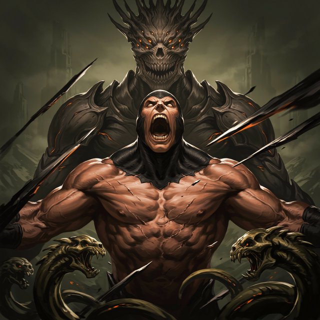 A colossal muscular berserker erupts in a primal roar, framed from the waist upward at a dramatic low angle. His head tilts back, glowing ivory eyes fixed upward, mouth stretched impossibly wide with clearly defined teeth and a cavernous dark interior. A close-fitting black hood frames his angular face, while his bare bronze-red torso displays monumental musculature, fine scars, and jagged surface fissures. Both upper arms thrust outward, elbows and hands beyond the frame, creating a broad, forceful silhouette. Behind him looms a towering obsidian demon with a crown of needlelike horns, scattered ember eyes, a serrated grin, and massive shoulders formed from twisted organic armor. Smaller snarling creatures coil across the lower foreground, their skull-like heads and hooked tendrils overlapping his waist. Razor-shaped fragments sweep diagonally through the scene, directing attention toward his illuminated face and chest. A ruined abyss recedes through smoky olive-green and charcoal haze. — Ideogram v4