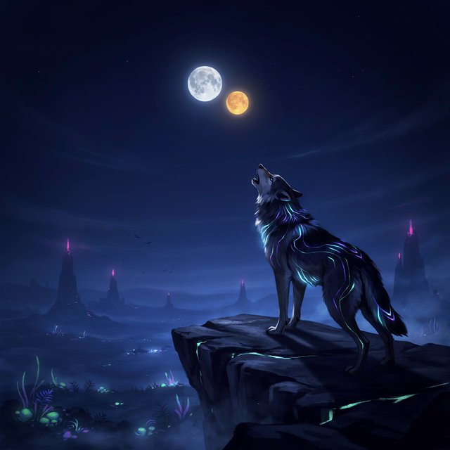 A solitary wolf, its fur subtly infused with shimmering, bio-luminescent patterns, howling at a sky filled with twin moons. The wolf stands on a cliff overlooking a vast, alien landscape dotted with strange, glowing rock formations and spectral, phosphorescent vegetation. — Ideogram v4