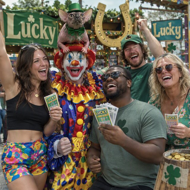 Realistic. Four to five adults having a very lucky day. One of the people is a clown with a very strange cat on their head. Another is wearing a black crop top and multicolored shorts. The word “Lucky” is seen at least twice in the background. — GPT Image 2.5 Flare