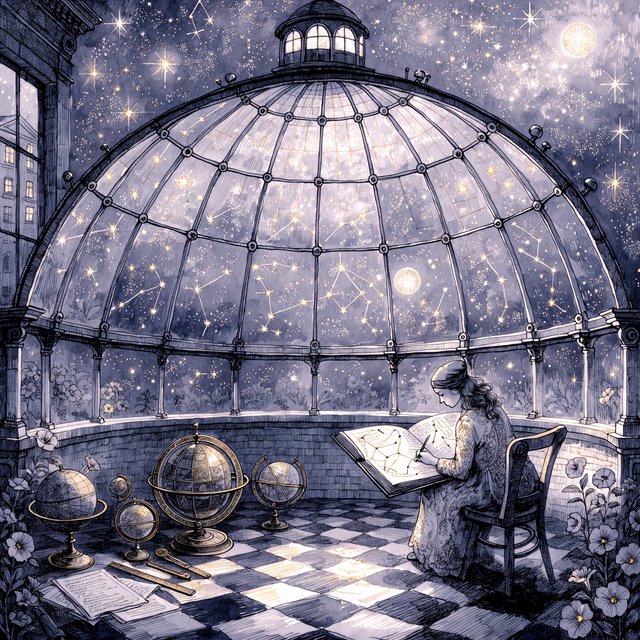 Ink-and-watercolour illustration of an adult astronomer mapping constellations from a glass-domed observatory, surrounded by brass instruments and flowering night plants. Indigo, lavender, and pale gold palette, delicate linework, serene atmospheric detail. — Recraft v4 Pro