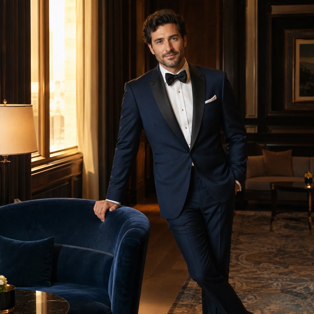 Editorial glamour photograph of an adult man in a midnight-blue tuxedo, standing naturally beside a velvet chair in a quiet hotel lounge, flattering amber window light, relaxed expression, polished magazine composition. — GPT Image 2.5 Flare
