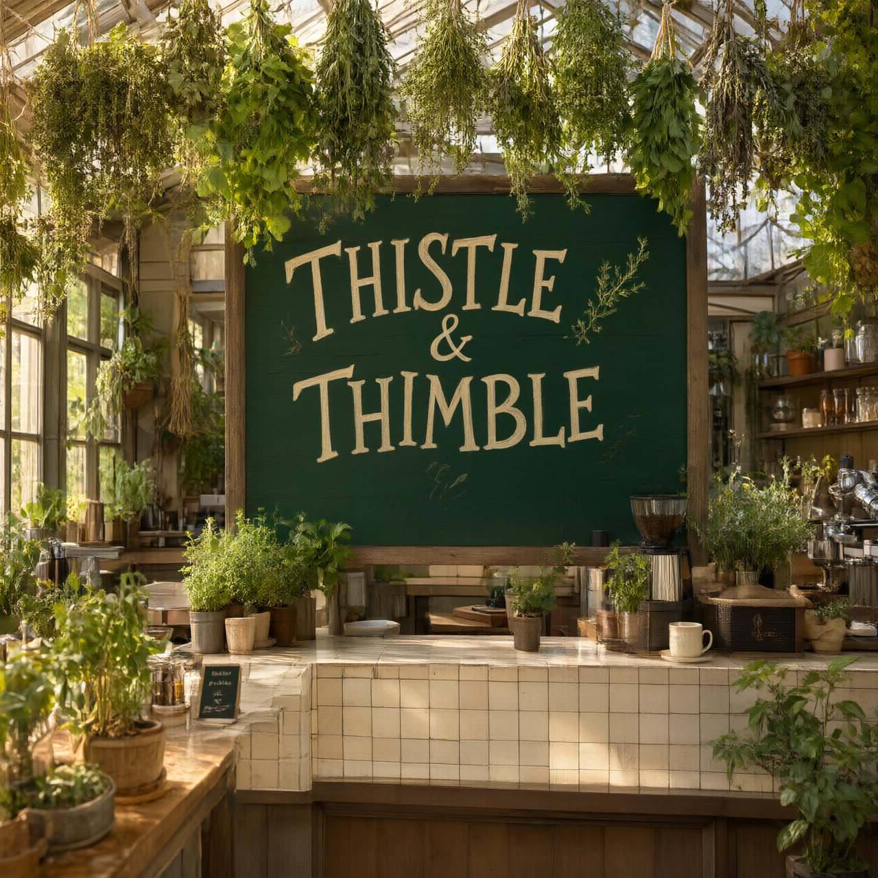 At a neighborhood greenhouse café, sunlight filters through hanging herbs above a tiled counter; "THISTLE & THIMBLE" is painted in hand-lettered cream script across a deep green wooden menu board. — Qwen Image 3.0