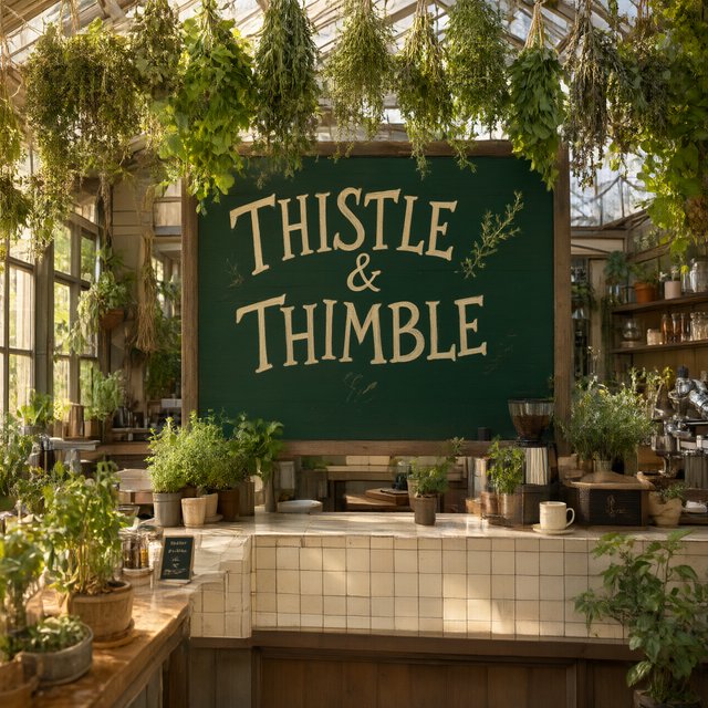 At a neighborhood greenhouse café, sunlight filters through hanging herbs above a tiled counter; "THISTLE & THIMBLE" is painted in hand-lettered cream script across a deep green wooden menu board. — Qwen Image 3.0