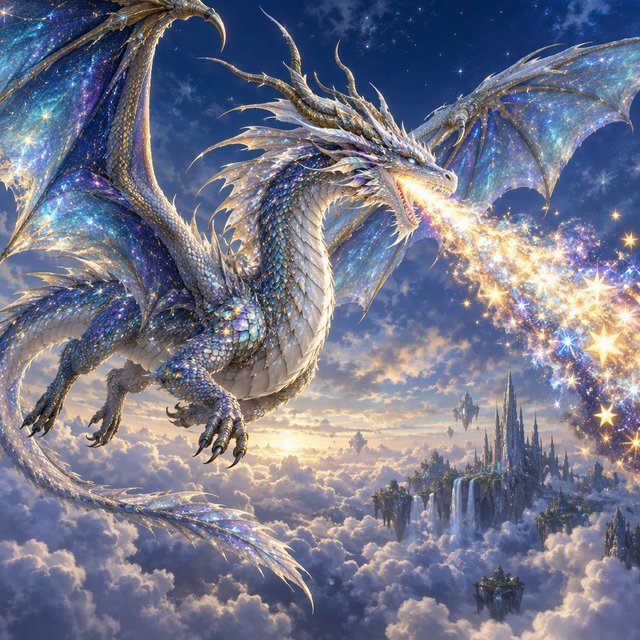 A beautiful, ethereal dragon flying through the skies breathing star flames. Detailed scales. — GPT Image 2.5 Flare
