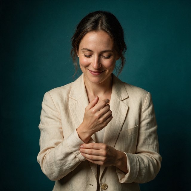 Portrait photograph of an adult woman in her early 30s wearing a pale apricot linen blazer, her hands gently smoothing its cuff. She looks quietly delighted against a deep teal paper backdrop, illuminated by soft, angled studio light. — Seedream 5.0 Pro