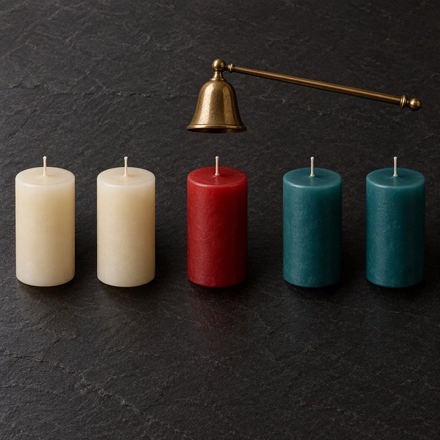 Exactly five candles stand on a dark slate tabletop: two ivory candles on the left, one red candle in the center, and two teal candles on the right. A brass snuffer sits above the red candle, nothing else. — GPT Image 2.5 Sunburst