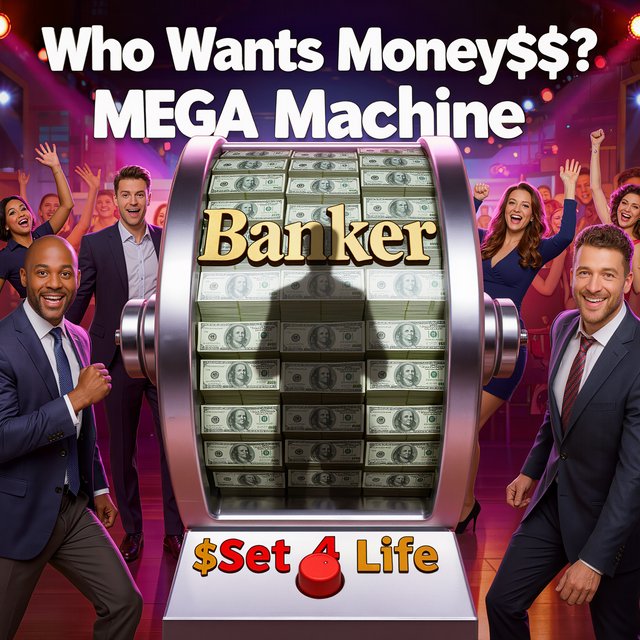 People on the set of a super mega game show called "Who Wants Money$$$?". There are at least six adults (three men and three women), all of different races, looking really excited. There is a big machine with a lot of cash inside. At the top of the machine it says "Who Wants Money$$$? MEGA Machine". In the middle of the machine it says "Banker", with the shadow of a man near the name. At the bottom of the machine it says "$Set 4 Life$", with a red button in the middle of the words. Near the machine are game hosts on both sides of it: a handsome man and a pretty woman. — Kling v3