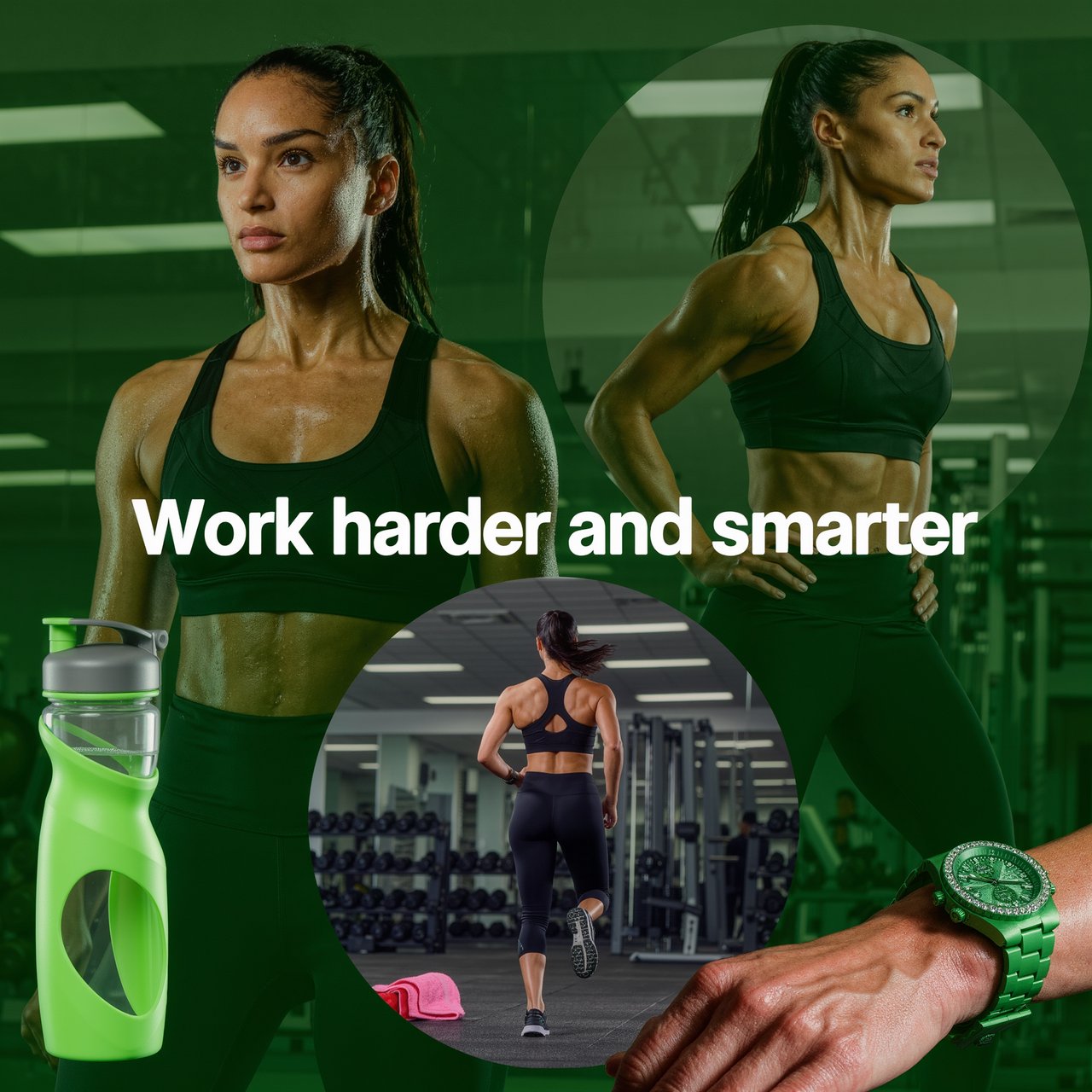 A pretty adult mixed-race woman of Korean and Black heritage, wearing fitted gym wear. Scene: a heavy workout with sweat. POV: full front, back, side, and aerial views. Near her are a unique-looking water bottle, a diamond green watch, a pink and red towel, and text in the background that says “Work harder and smarter”. — Kling v3 Omni