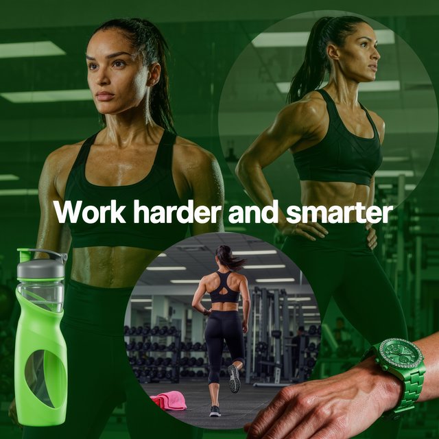 A pretty adult mixed-race woman of Korean and Black heritage, wearing fitted gym wear. Scene: a heavy workout with sweat. POV: full front, back, side, and aerial views. Near her are a unique-looking water bottle, a diamond green watch, a pink and red towel, and text in the background that says “Work harder and smarter”. — Model 9