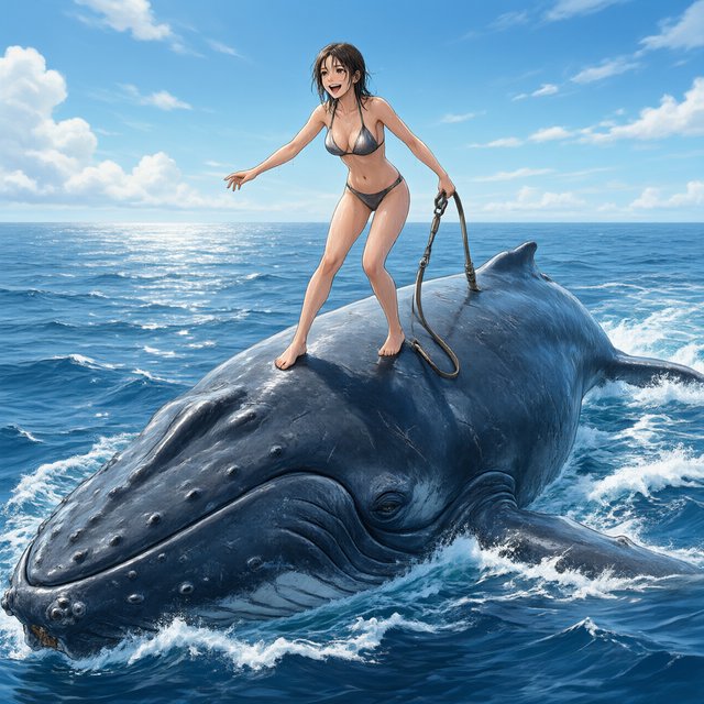 Anime-style illustration of an adult young woman confidently balancing on the broad back of a massive humpback whale as it swims across the open ocean. She wears a stylish two-piece bikini appropriate for a sunny tropical setting, with wet hair and subtle water droplets catching the light. One hand grips a sturdy tether secured near the whale's dorsal area, using it to maintain her balance as the whale moves through the waves, while her other arm extends naturally for stability. The whale is enormous and majestic, its dark blue-gray skin covered in realistic texture, scars, and subtle highlights. Its powerful body breaks partially above the rolling ocean surface, creating a sweeping trail of white foam and spray behind it. The woman looks exhilarated and joyful, her expression conveying adventure and freedom rather than fear. Vast open sea stretches toward the horizon beneath a brilliant blue sky with scattered white clouds. Sunlight sparkles across the water — Qwen Image 3.0