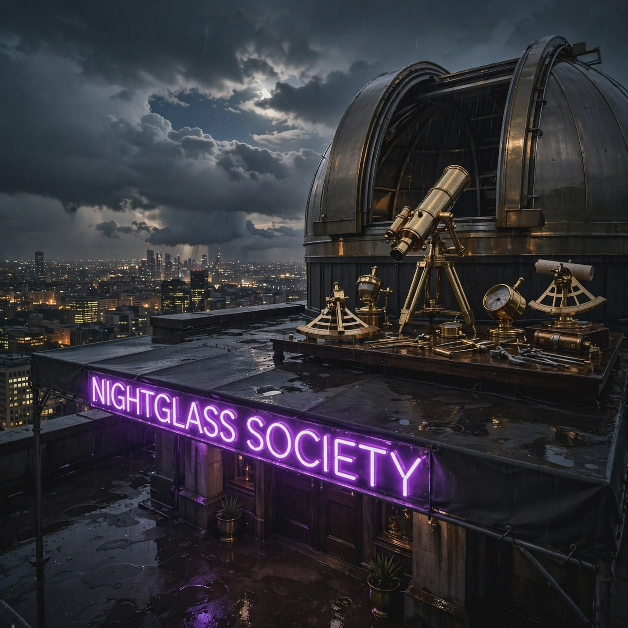 On a rain-darkened rooftop observatory, brass instruments gleam beneath a sliding dome while clouds part above the city; "NIGHTGLASS SOCIETY" glows in violet neon along the entrance canopy. — Muse Image 1.0