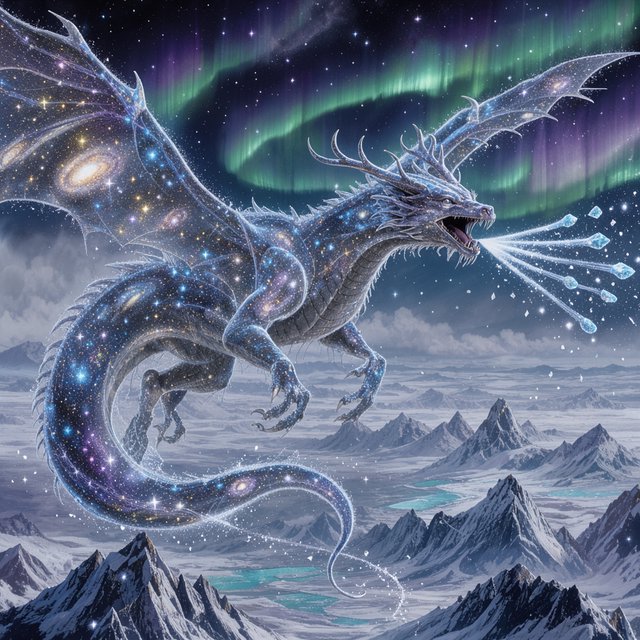 A majestic dragon made of pure starlight and frozen cosmic dust, soaring through a celestial winter landscape. Its scales shimmer with the light of a thousand galaxies, and its breath is a trail of icy comets. The background features swirling aurora borealis over a frozen, mountainous terrain. The style is a blend of painterly fantasy art and surrealism. — FLUX 3 Image Klein