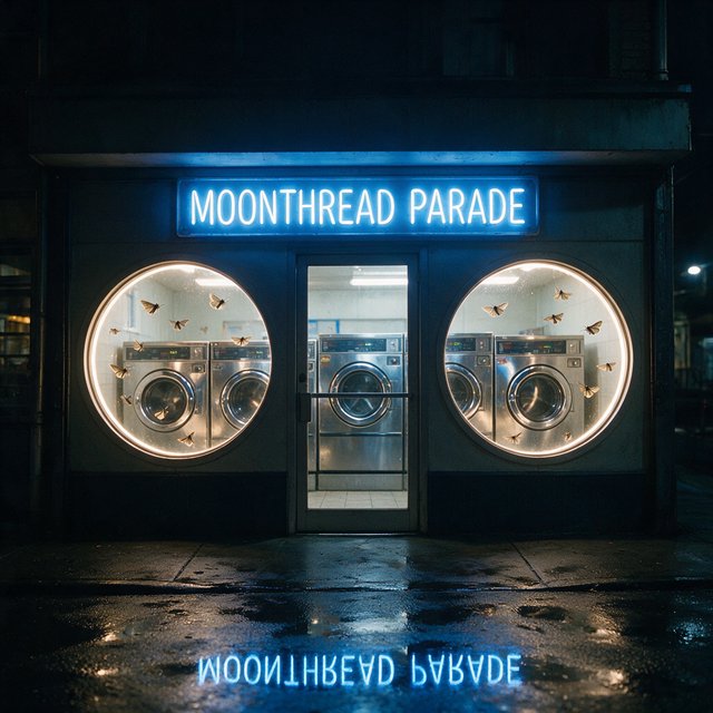 At midnight, moths circle the laundromat’s glowing round windows while chrome washing machines gleam inside; “MOONTHREAD PARADE” shines in icy blue neon above the entrance, reflected across the wet pavement, with no other lettering visible. — Seedream 5.0 Pro