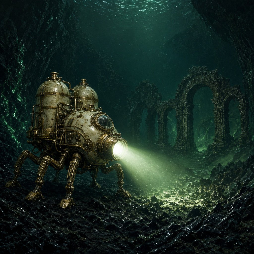 A brass-and-ceramic deep-sea crawler with arched pressure tanks trundles across the floor of a sunken obsidian caldera. Its searchlight cuts through green silt, revealing ruined stone arches far below the surface. — Grok Imagine Image 2