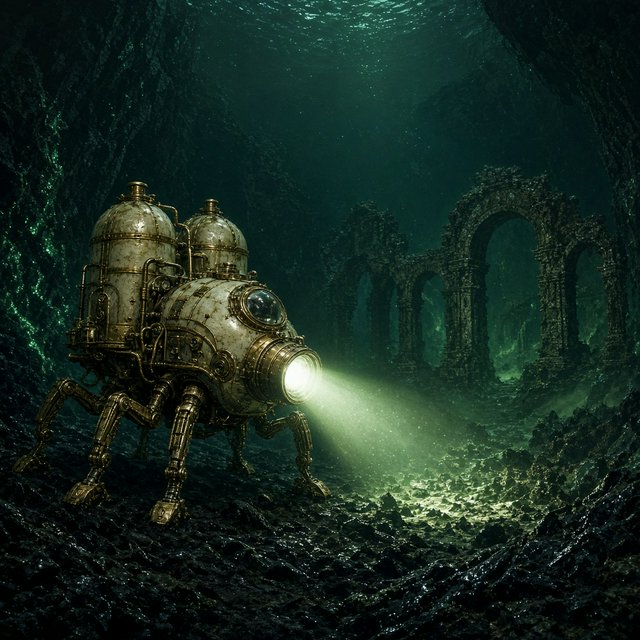 A brass-and-ceramic deep-sea crawler with arched pressure tanks trundles across the floor of a sunken obsidian caldera. Its searchlight cuts through green silt, revealing ruined stone arches far below the surface. — Grok Imagine Image 2