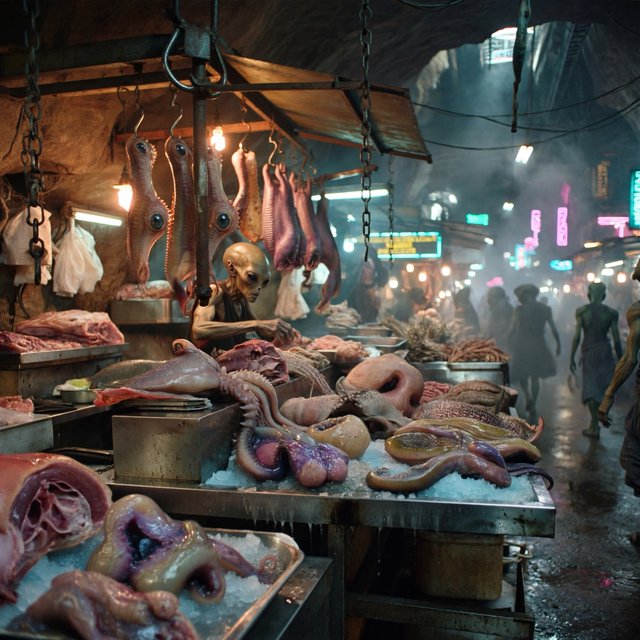 Exotic alien meat market with every possible meat imaginable on sale! — ImagineArt 2