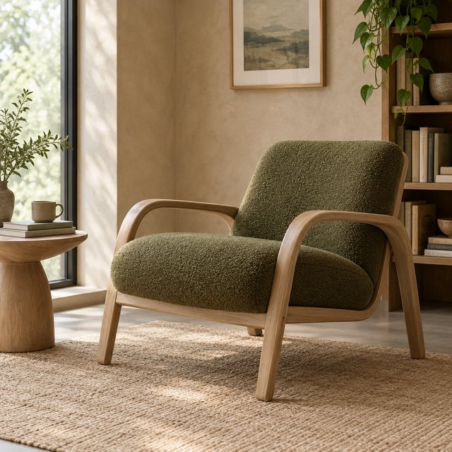 In a quiet reading-room corner, an unbranded lounge chair pairs a curved ash frame with nubby moss-green wool upholstery, set on a pale jute rug before a warm plaster wall; broad window diffusion and soft bounce shape this commercial product image, with no lettering. — GPT Image 2.5 Flare