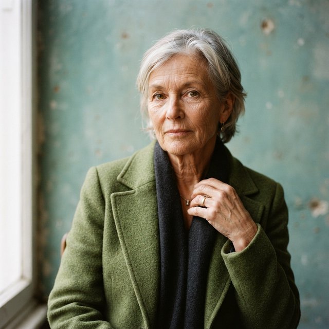 Beside a faded teal studio wall, a close-up fashion portrait frames an adult woman aged 68–76, her weathered skin softly detailed; she wears a moss-green wool coat and holds a calm, searching gaze in gentle side light. — Model 16