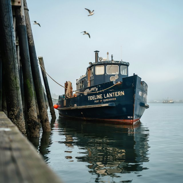 At a quiet harbor, a weathered wooden ferry rests beside slick pilings, ropes coiled on deck as gulls wheel overhead; "TIDELINE LANTERN" is painted in faded ivory letters along the blue hull. — Ideogram v4