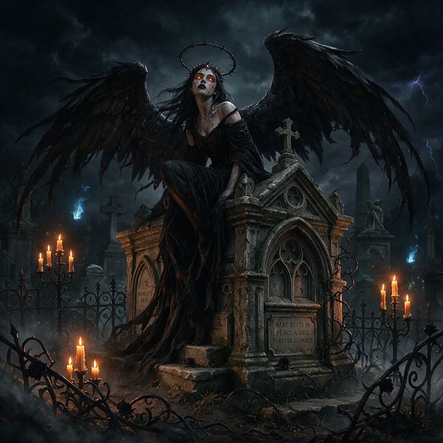 A majestic fallen angel with wings like a dark, tattered cloak, poses dramatically on a crumbling, Victorian-era inspired graveyard tomb, surrounded by twisted, black ironwork and flickering, orange candelabras, as if plucked from a haunting, nightmare. — Seedream 5.0 Pro