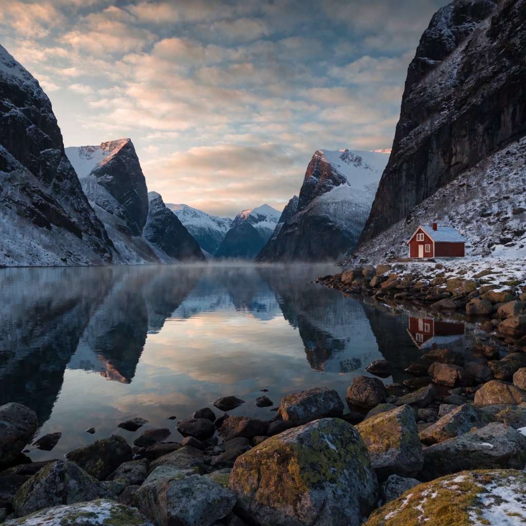 A Norwegian fjord at dawn, mist over still water, a single red cabin on the shore, snow on the peaks, wide angle. — Recraft v4