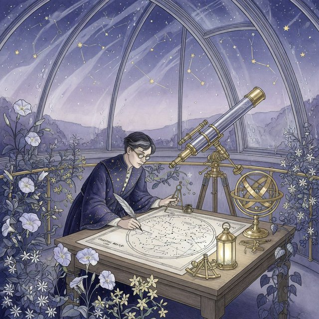 Ink-and-watercolour illustration of an adult astronomer mapping constellations from a glass-domed observatory, surrounded by brass instruments and flowering night plants. Indigo, lavender, and pale gold palette, delicate linework, serene atmospheric detail. — Grok Imagine Image Quality