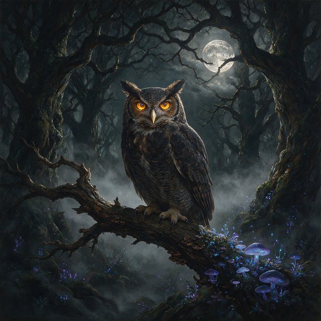 A majestic owl with ancient, knowing eyes perched on a gnarled branch within an ethereal forest. Moonlight filters through the dense canopy, illuminating swirling mists and glowing flora. The scene evokes a sense of deep mystery and ancient magic. Rendered in the style of magical realism with rich oil painting textures. — Seedream 5.0 Pro