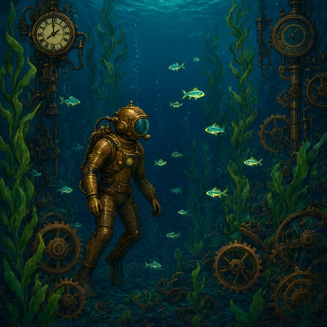 A brass-suited adult diver explores a submerged clockwork garden, where kelp curls around sunken gears and tiny fish glow in the dark; pixel art illustration, palette of teal, copper, midnight blue, and lemon yellow. — Qwen Image 3.0