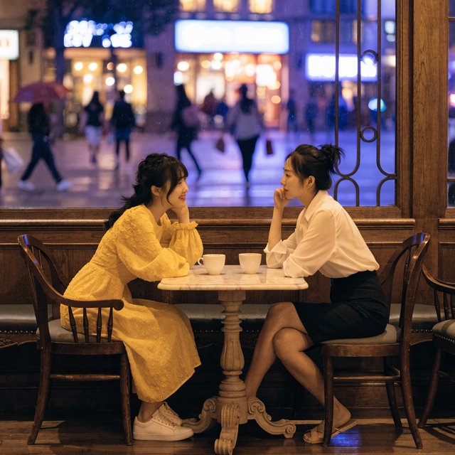 A cozy nighttime café scene featuring two young adult Chinese women seated at a table by a window. One wears a yellow dress, and the other, seated opposite her, wears a white blouse and black skirt. They are chatting warmly with each other, with two cups of coffee on the table. Outside the window, a lively shopping street glows with evening lights, creating a relaxed, intimate, and cinematic atmosphere. — Recraft v4