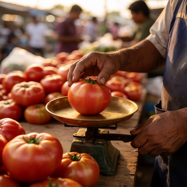 Candid street photograph of an outdoor vegetable market at golden hour, a vendor weighing tomatoes on a brass scale, shallow depth of field, 50mm lens. — Krea 2 Medium