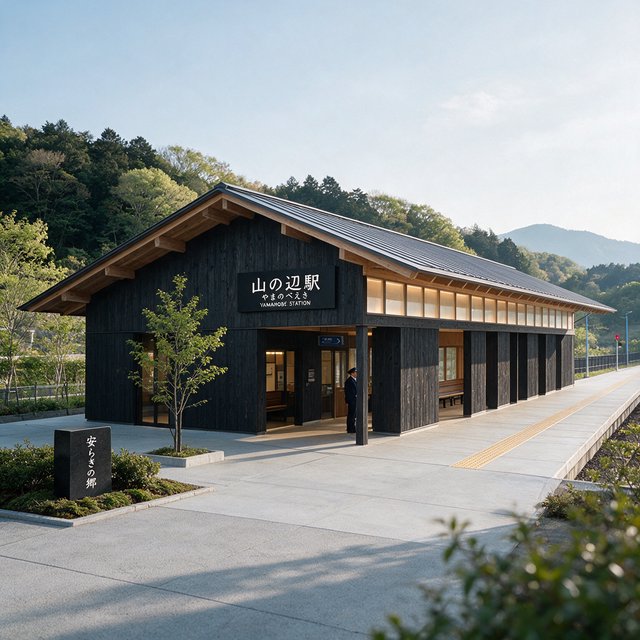 Contemporary Japanese timber train station, charred cedar cladding, pale concrete platform, broad pitched roof with exposed beams and translucent clerestories, cool morning light, viewed obliquely from the quiet approach plaza, precise straight lines and plausible structure. — Seedream 5.0 Pro