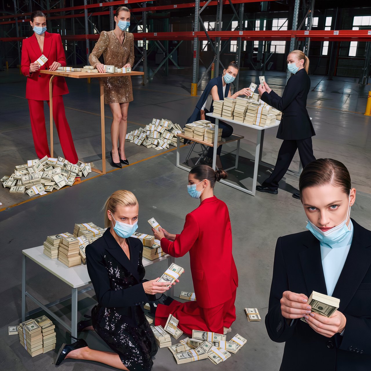 Adult women wearing masks (the kind you wear when you have a cold), in a warehouse, all wearing the kinds of outfits you would see models wear on a runway, counting lots of money (money is seen everywhere, on tables, on the floor, etc.). At least 4 different POVs. — Kling v3