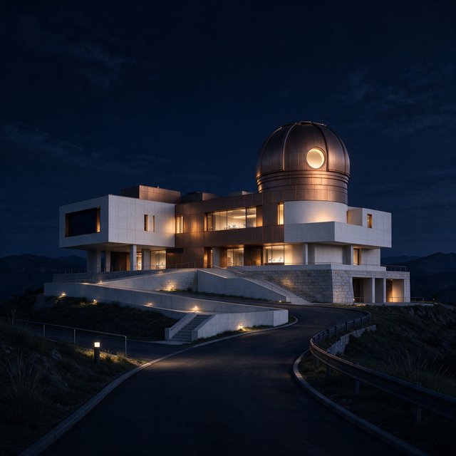 A hilltop observatory in spare contemporary architecture glows against the midnight sky, its pale concrete walls, bronze panels, and narrow windows lit from within; viewed from the access road, crisp edges and credible structural supports. — Seedream 5.0 Flash