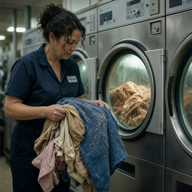 Candid documentary photograph of an adult laundromat attendant sorting warm clothes beside humming machines, cool fluorescent light, 50mm lens with moderate depth of field, loose lint clinging to a blue towel and faint condensation on the glass doors. — Grok Imagine Image 2