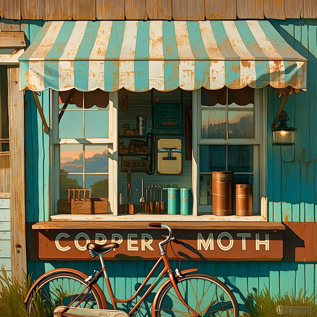An old roadside bicycle workshop beneath a faded striped awning, rusted tools displayed in the window, with "COPPER MOTH" painted in cream block letters across the weathered wooden fascia, afternoon sunlight catching peeling turquoise paint. — Midjourney Niji 7