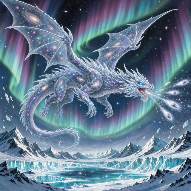 A majestic dragon made of pure starlight and frozen cosmic dust, soaring through a celestial winter landscape. Its scales shimmer with the light of a thousand galaxies, and its breath is a trail of icy comets. The background features swirling aurora borealis over a frozen, mountainous terrain. The style is a blend of painterly fantasy art and surrealism. — FLUX 3 Image