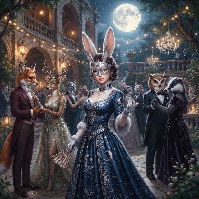 Create the most glamorous and mysterious midnight masked-ball scene, where various alluring anthropomorphic animals, such as foxes, deer, and rabbits, pose and dance under the moon. They wear moon-themed masks. In the middle foreground stands the most exquisite, alluring human-rabbit hybrid, with long white rabbit ears, a pulchritudinous East Asian face, an hourglass figure, rabbit-fur features, and human skin blended aesthetically. She wears the most exquisite silk dress with moon patterns and cross-star embroidery. She poses in a beckoning gesture, inviting the viewer to be her dance partner at the masquerade. No speech. — Nano Banana 2 Lite