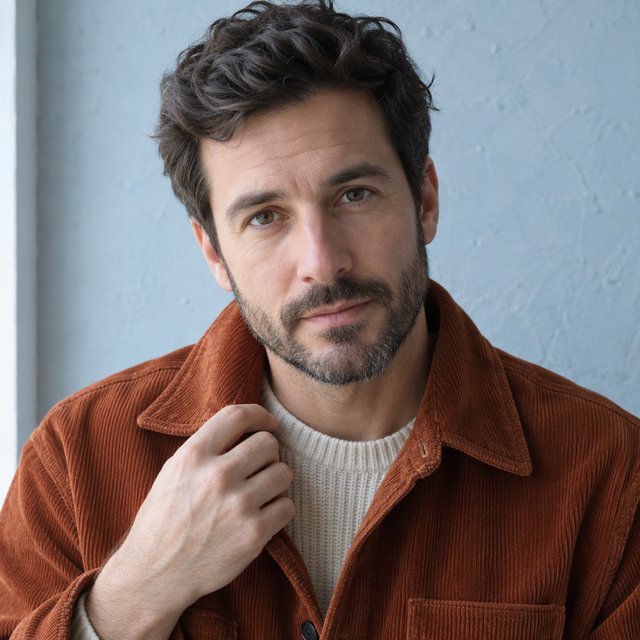Portrait photograph of an adult man in his late 30s wearing a rust-colored corduroy overshirt over a cream knit, fingertips resting on its broad collar. His quietly curious gaze meets the camera against a pale blue plaster backdrop, softly lit by cool side-window light. — GPT Image 2.5 Flare