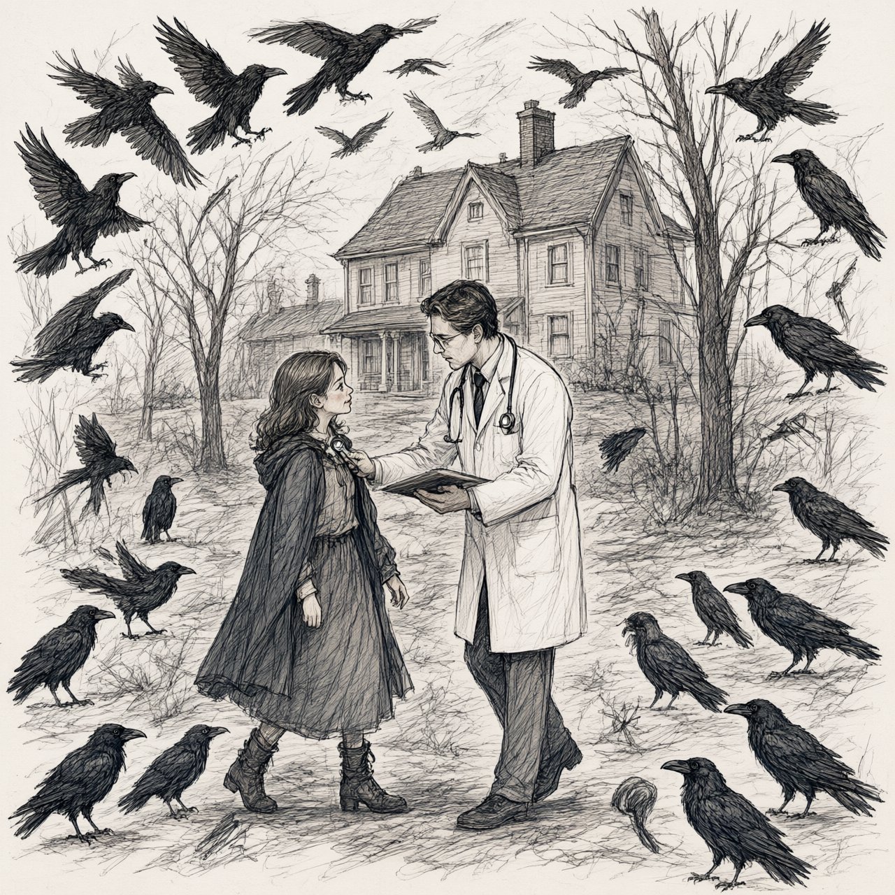 Walking in a dream, with ravens scribbled along the edges, a doctor on a house call — Qwen Image 3.0 Pro