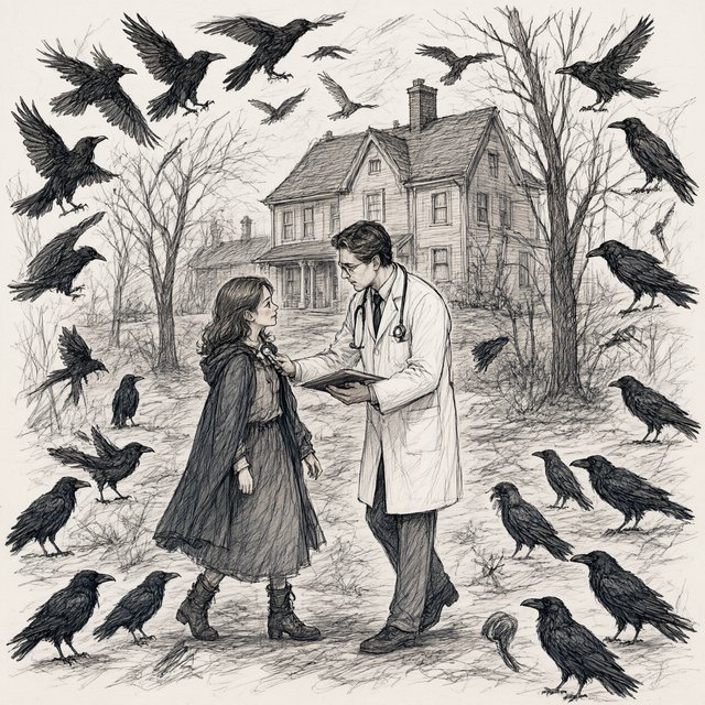 Walking in a dream, with ravens scribbled along the edges, a doctor on a house call — Qwen Image 3.0 Pro