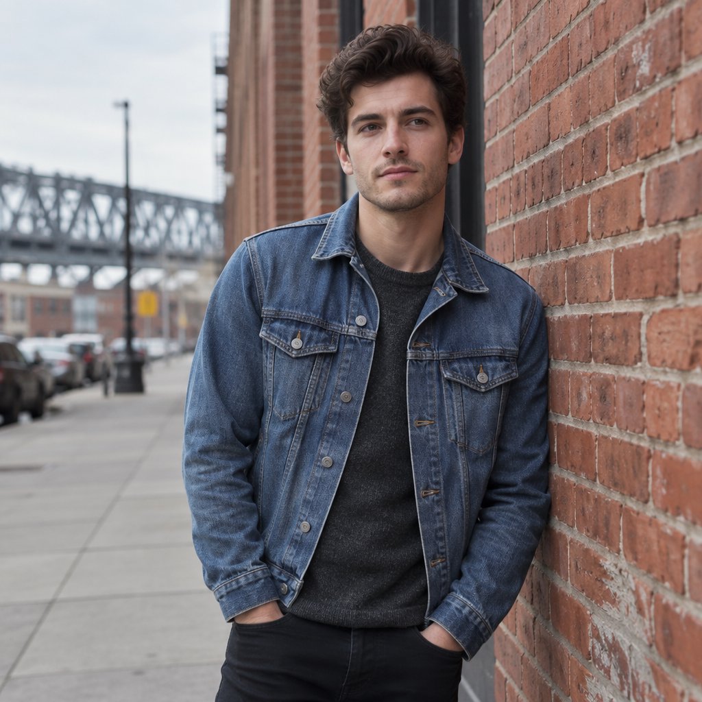 Environmental portrait of a young man in a denim jacket leaning on a red brick wall, overcast light, looking just past the camera. — GPT Image 2.5 Sunburst