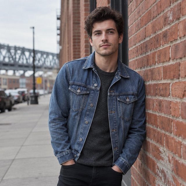 Environmental portrait of a young man in a denim jacket leaning on a red brick wall, overcast light, looking just past the camera. — GPT Image 2.5 Sunburst