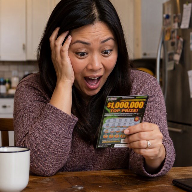 A realistic scene of a random adult person, either Black, white, or Asian, scratching a scratch ticket and discovering that they have won one million dollars. — GPT Image 2.5 Sunburst
