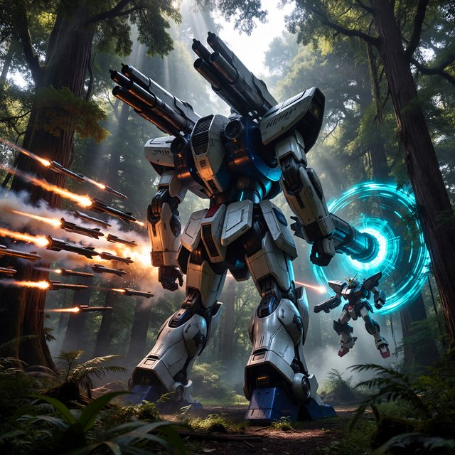 A dramatic cinematic scene of a towering 20-meter futuristic mecha standing in a dense forest, viewed from behind as the main focus. Its design is sleek, angular, and elegant, with a classic retro-futurist Japanese mecha aesthetic. Shoulder missile pods fire a volley of missiles toward an enemy mecha of a different but similarly styled design. The enemy mecha hovers in the air ahead, blocking the incoming missiles with a large arm-mounted energy shield. Dynamic action, smoke trails, forest scale, and intense battle atmosphere. — ImagineArt 1.5 Pro