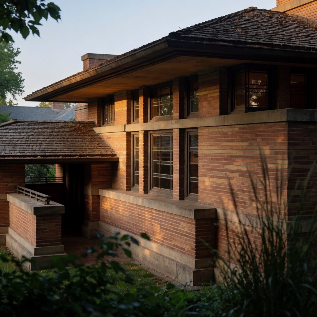 Exterior of a Prairie School residence with broad overhanging eaves, warm brick, limestone courses, and ribbon windows; amber evening light grazes the facade, viewed obliquely from a garden path, with disciplined horizontal lines and credible structure. — Krea 2 Medium