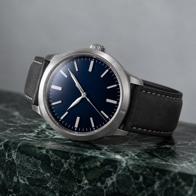 Commercial product photograph of an unbranded mechanical wristwatch with a brushed titanium case and deep blue enamel dial, resting on dark green marble against a soft gray background, illuminated by a large diffused softbox and narrow edge light. — GPT Image 2.5 Sunburst