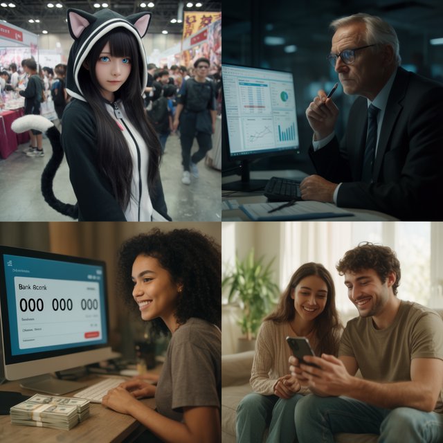 Realistic. Four scenes in one. 1) A pretty Japanese woman, about 19–23 years old, in cat-type cosplay at an anime convention. 2) An old German man or woman, about 60–65 years old, finally having a breakthrough that would change the world. 3) A happy, mixed-race, 21-year-old female or male hacker checking their bank account, which has many zeros, with a bundle of cash near their PC. 4) A happy moment that would make you smile. — Krea 2 Large